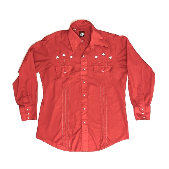 Karman Vintage 80s Red Western Shirt, Embroidered Arrows. Size Medium. - Picture 1 of 13